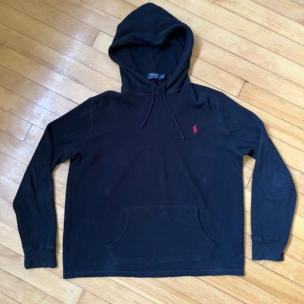 Polo Ralph Lauren Mens Black Waffle Knit Thermal Hoodie Large Red Pony Logo